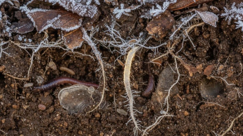 White mycelial threads weaving through dark earth particles and decomposing leaf matter.