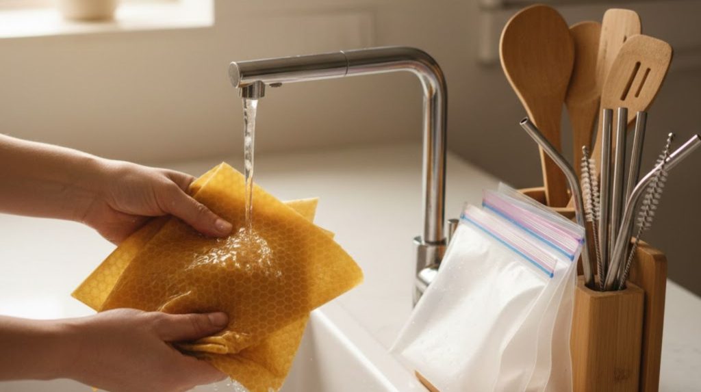 Hands rinsing a set of beeswax food wraps under running water at a modern kitchen sink.