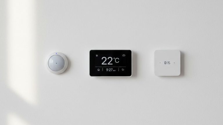 A programmable thermostat displaying ambient temperature, a motion sensor with subtle LED indicator, and a minimalist timer switch.