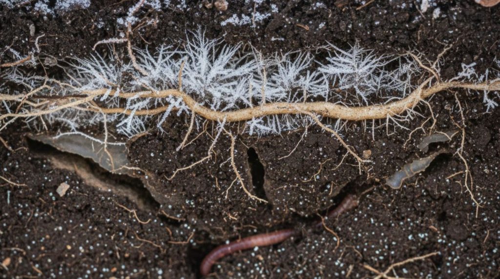 Rich brown humus teems with visible earthworm tunnels, white fungal mycelia networks threading through organic matter, and dormant root systems.