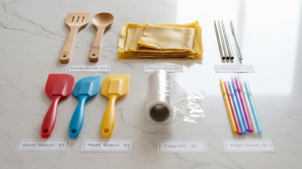 A modern kitchen counter displays an array of eco-friendly alternatives arranged in two neat rows.