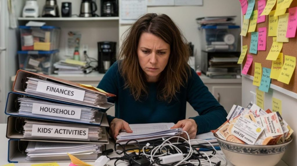 A frustrated woman sits at a cluttered kitchen counter.