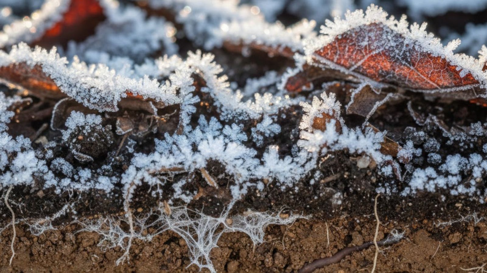 A dark, frost-covered topsoil transitioning to rich brown earth below.