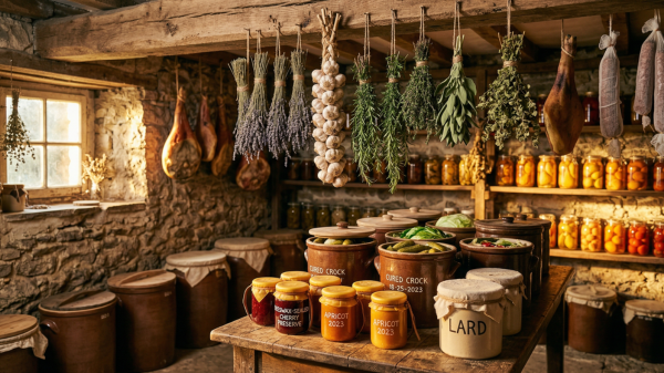 A sun-drenched stone cellar lined with earthenware crocks.