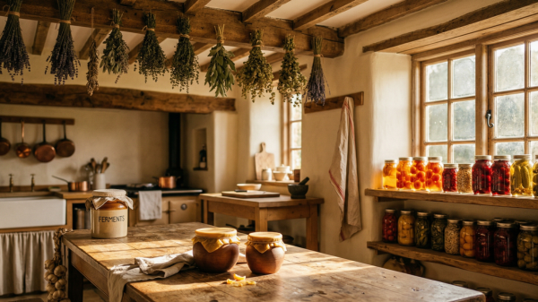 Crimson mason jars of preserved vegetables, and dried herb bundles hanging from exposed ceiling beams.