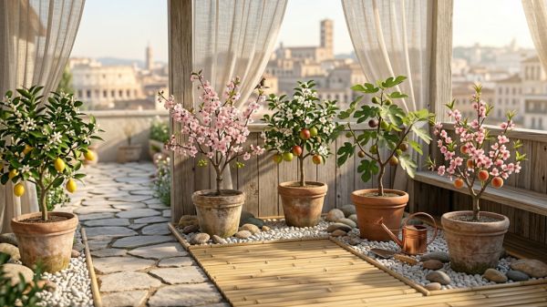 dwarf fruit trees setting in a tiny Zen space.