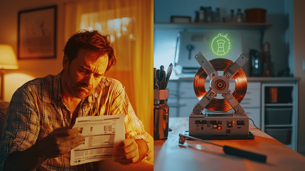 A stressed homeowner looking at a high August electric bill next to a clean DIY magnetic generator on a Green Life Zen workbench.