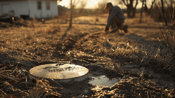 A homeowner crouches in a backyard inspecting soggy, uneven ground near a partially visible concrete septic tank access lid, surrounded by dead grass and waterlogged soil — visible warning signs of a failing septic system.