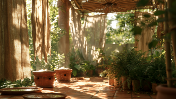 A sun-drenched terracotta-tiled patio featuring handcrafted terracotta pot-in-pot evaporative coolers filled with damp sand, surrounded by hanging dampened burlap curtains swaying gently.
