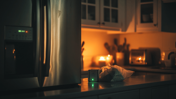 A dark kitchen illuminated only by the glowing light of a refrigerator during a summer rolling blackout.