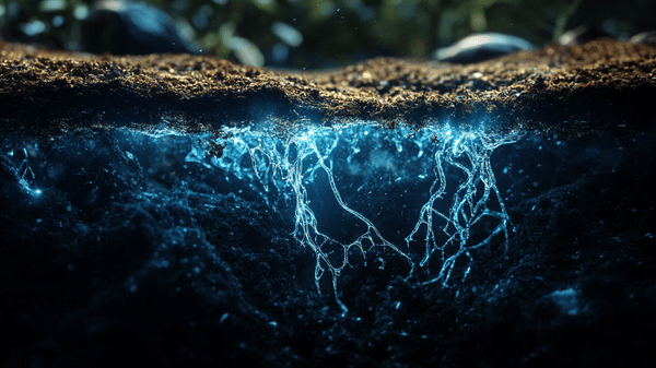 A macro cross-section of dark soil being plugged by white powder laundry detergent particles, leading to septic tank drain field failure.