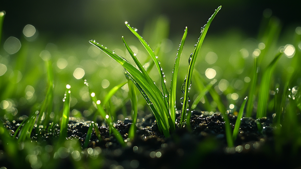 Macro view of vibrant, fast-growing green grass over septic tank drain field rooted in dark topsoil.