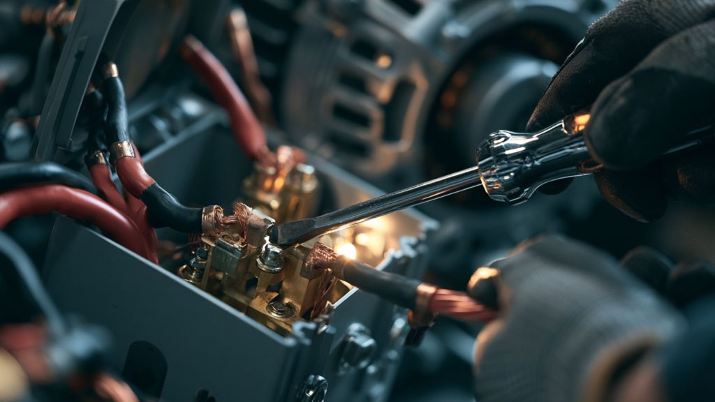 A detailed close-up shot of an off-grid specialist’s gloved hands making final 240V electrical connections using thick, red 6 AWG copper wire inside the junction box of a custom DIY 10kW generator build.