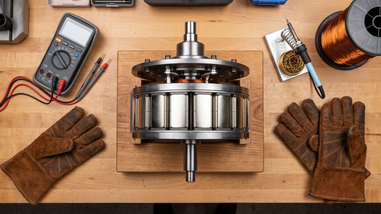 Top-down view of a DIY permanent magnetic generator assembly showing neodymium magnets on a steel rotor, copper coils, and electrical tools on a workbench.