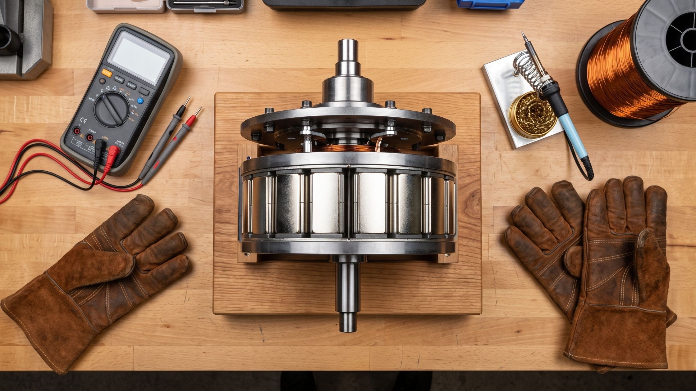 Top-down view of a DIY permanent magnetic generator assembly showing neodymium magnets on a steel rotor, copper coils, and electrical tools on a workbench.