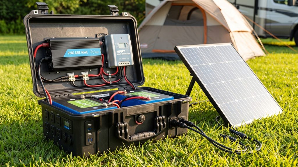A finished DIY solar power generator inside a rugged black case connected to a portable monocrystalline solar panel at an off-grid campsite.
