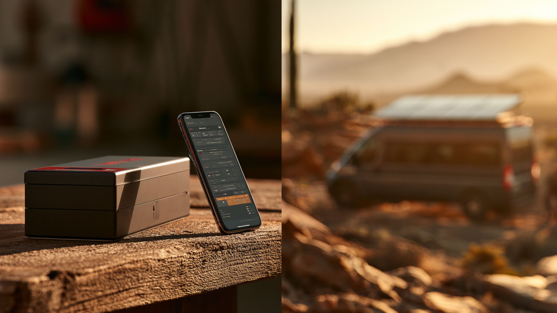 12V LiFePO4 deep cycle battery and smartphone BMS app next to an off-grid solar camper van.