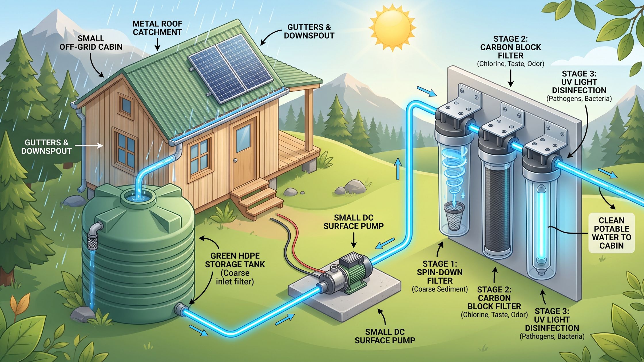A complete off-grid water system showing rainwater harvesting gutters, a first-flush diverter, and a large storage cistern.