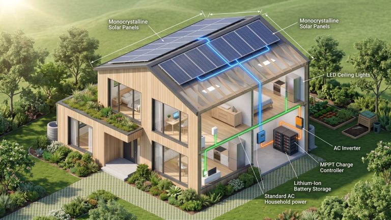 Isometric diagram showing the wiring connection between solar panels, an MPPT charge controller, a lithium battery bank, and a pure sine wave inverter in a DIY off-grid solar system.