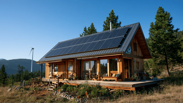 diy_off_grid_energy_systems A modern off-grid cabin powered by a complete DIY off-grid energy system featuring solar panels and a wind turbine.