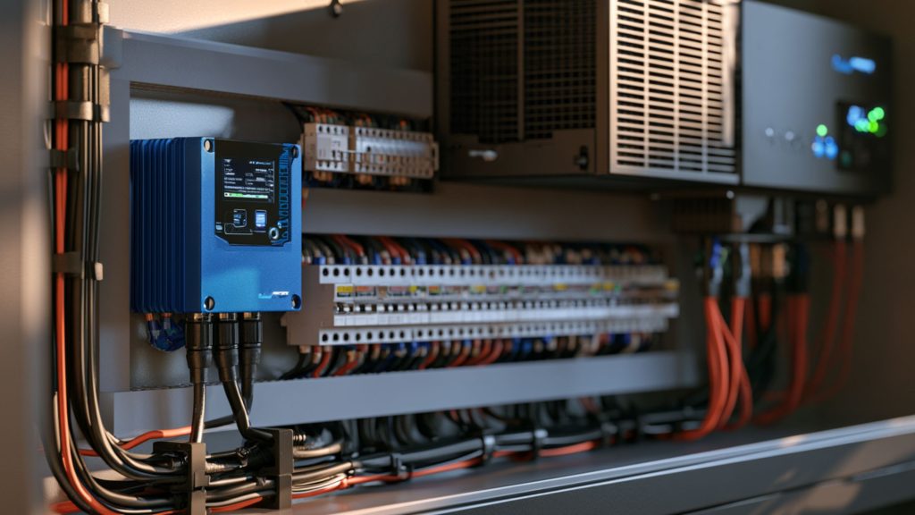 A cleanly wired off-grid electrical board showing a blue MPPT charge controller, a heavy-duty inverter, and safely labeled DC circuit breakers