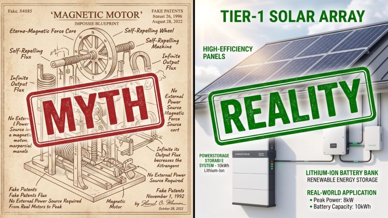 A split-screen comparison showing a debunked magnetic free energy generator blueprint next to a functional off-grid solar panel and lithium battery system.