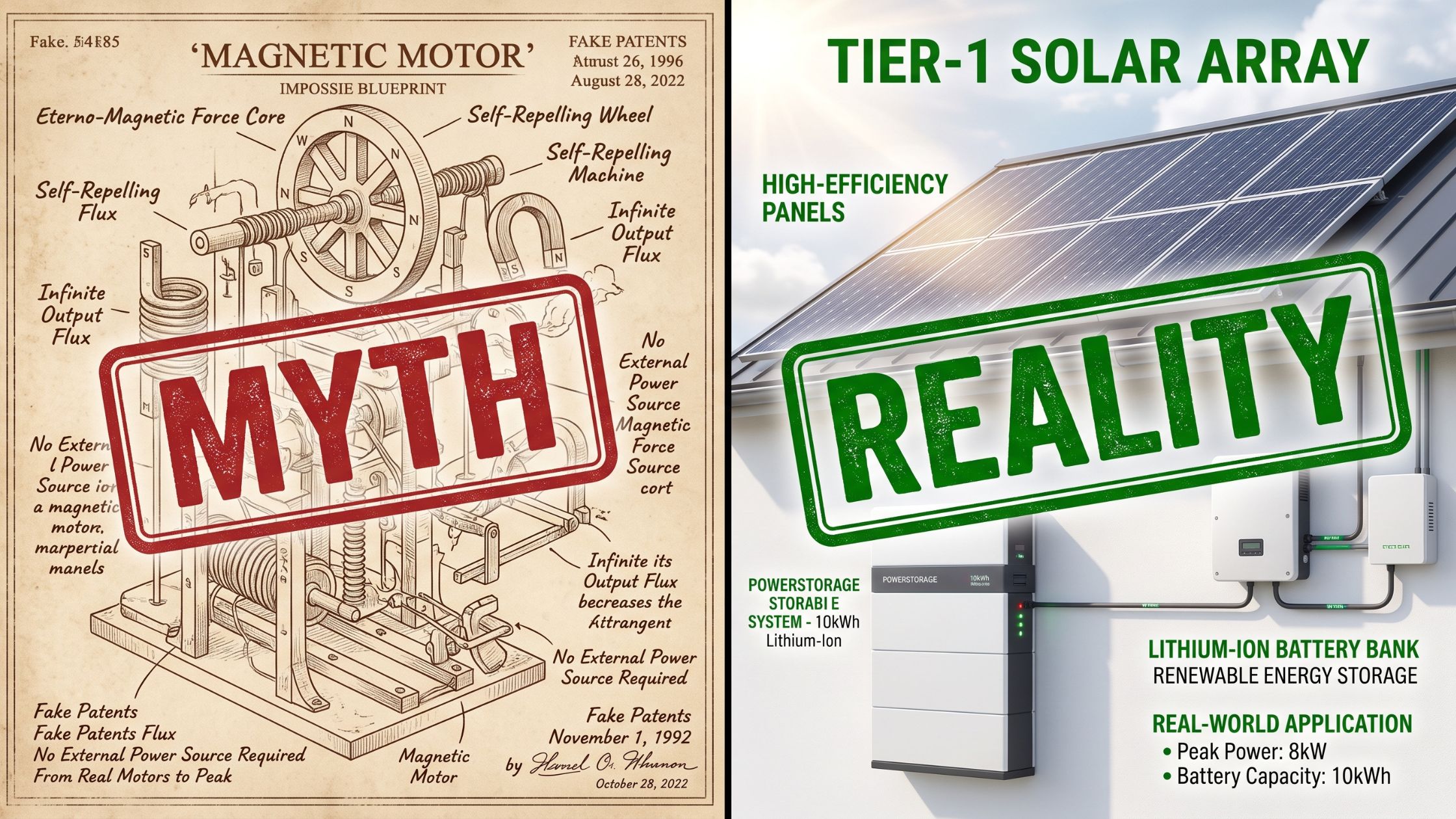 A split-screen comparison showing a debunked magnetic free energy generator blueprint next to a functional off-grid solar panel and lithium battery system.