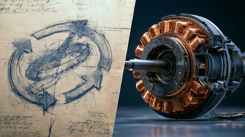 3D render contrasting a fake perpetual motion machine with a real axial flux magnetic power generator showing copper coils and neodymium magnets.