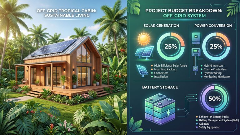 Infographic breaking down the cost and sizing requirements of an off-grid solar system, including solar panels, lithium batteries, and inverters.