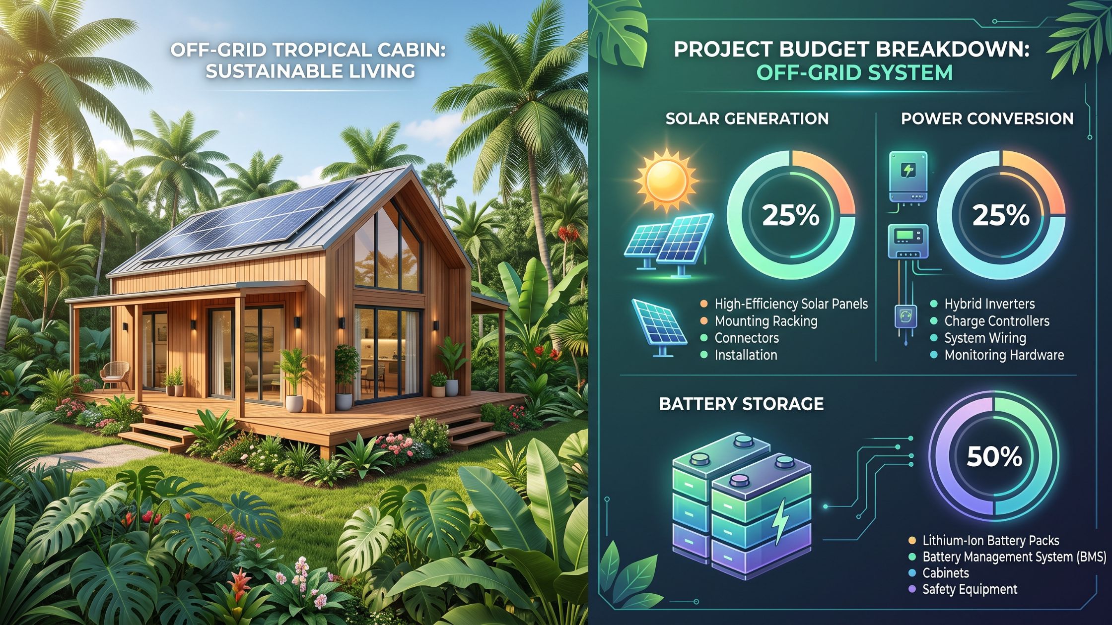 Infographic breaking down the cost and sizing requirements of an off-grid solar system, including solar panels, lithium batteries, and inverters.
