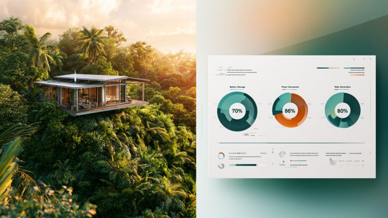 Infographic breaking down the cost and sizing requirements of an off-grid solar system, including solar panels, lithium batteries, and inverters.