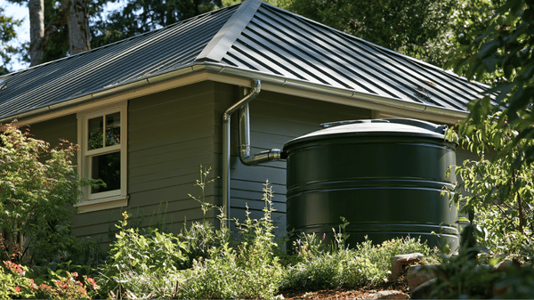 off_grid_water_systems A complete off-grid water system showing rainwater harvesting gutters, a first-flush diverter, and a large storage cistern.