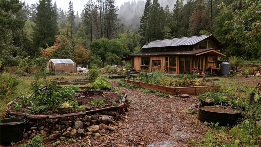 A thriving permaculture garden featuring deep wood-chip mulch and a rainwater catchment system with IBC totes against an off-grid cabin.