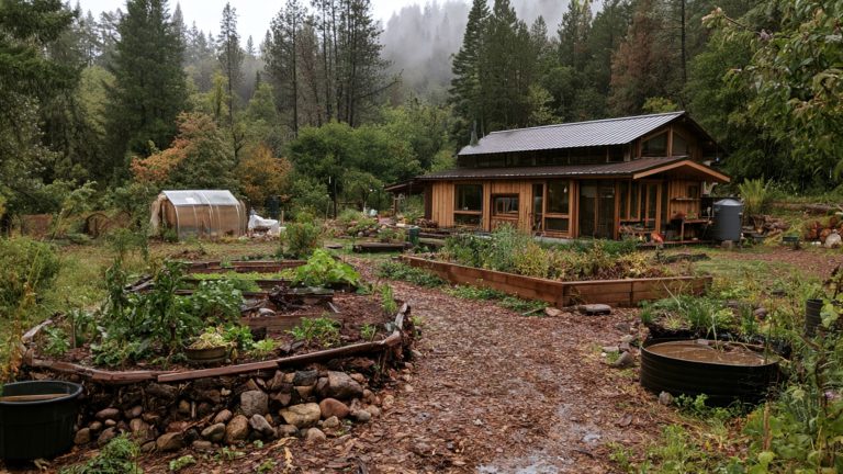 A thriving permaculture garden featuring deep wood-chip mulch and a rainwater catchment system with IBC totes against an off-grid cabin.