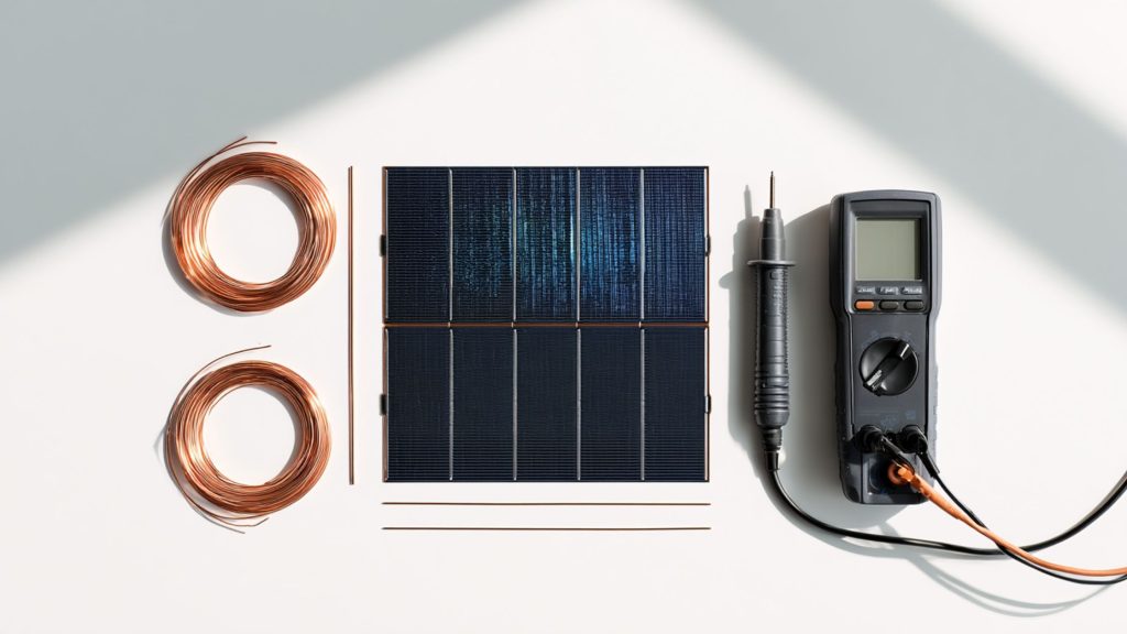 An organized flat-lay of solar panel components including polycrystalline PV cells, tabbing wire, a soldering iron, and a multimeter