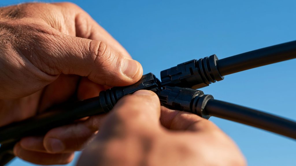 Close-up of hands connecting two thick black solar cables using waterproof MC4 connectors against a blue sky background