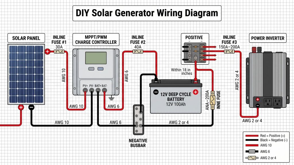 Detailed wiring diagram for a DIY solar power generator showing proper negative and positive connections, wire gauges, and fuse locations.