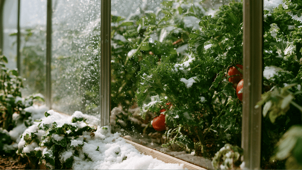 year_round_sustainable_gardening A year-round sustainable garden thriving inside a cold-weather off-grid greenhouse.