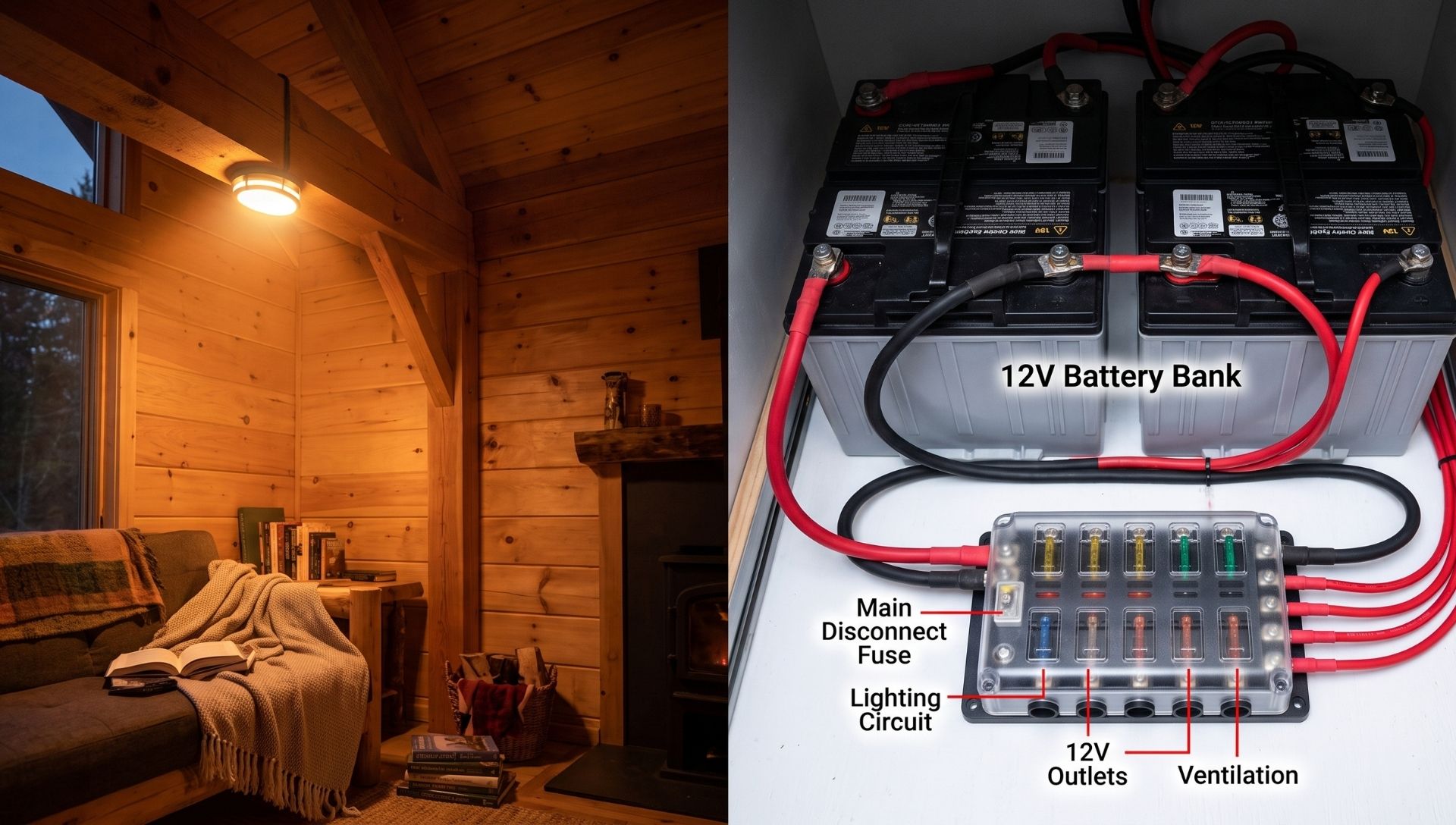 Detailed wiring setup for a 12V DC off-grid cabin lighting system showing a battery bank, marine fuse box, and LED fixtures.