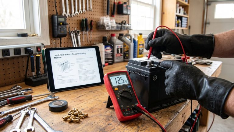 A DIY user testing a 12V car battery with a digital multimeter alongside the EZ Battery Reconditioning program manual.