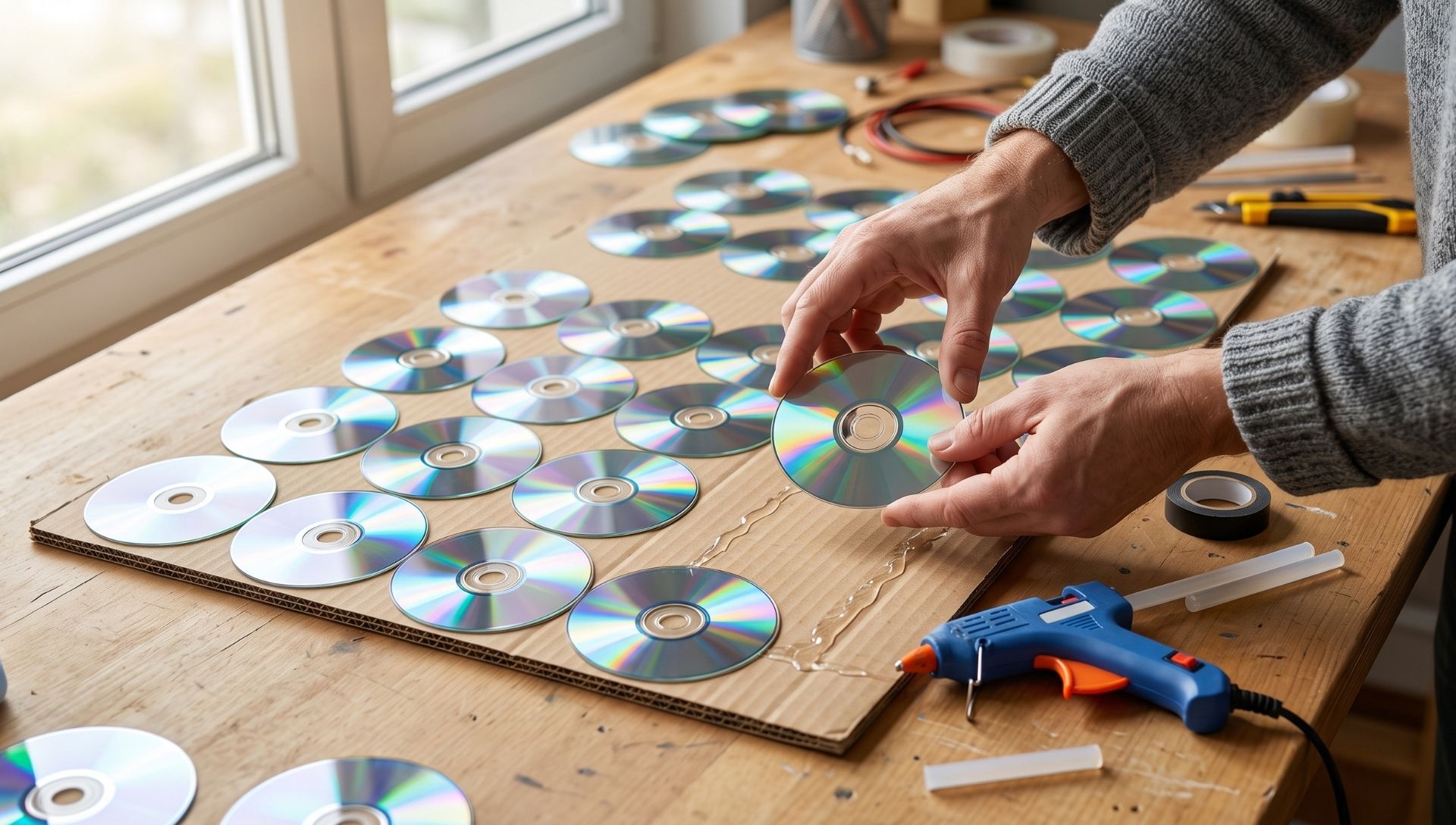 Applying aluminum foil to a cardboard base and smoothing it with a tool to create a reflective surface for a CD solar panel.