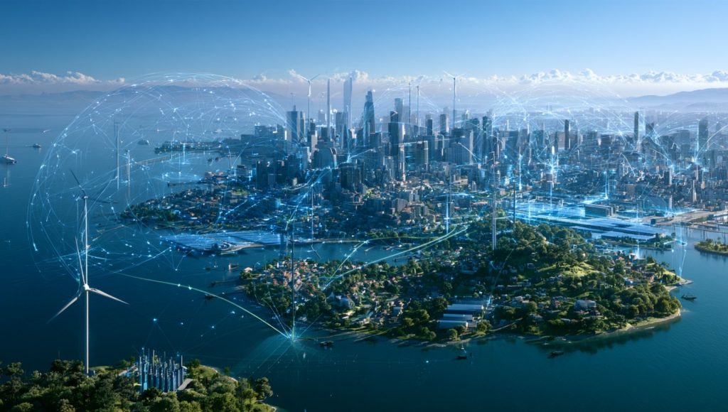 A digital rendering showing the benefits of smart grids with glowing lines connecting wind turbines, solar panels, and smart homes.