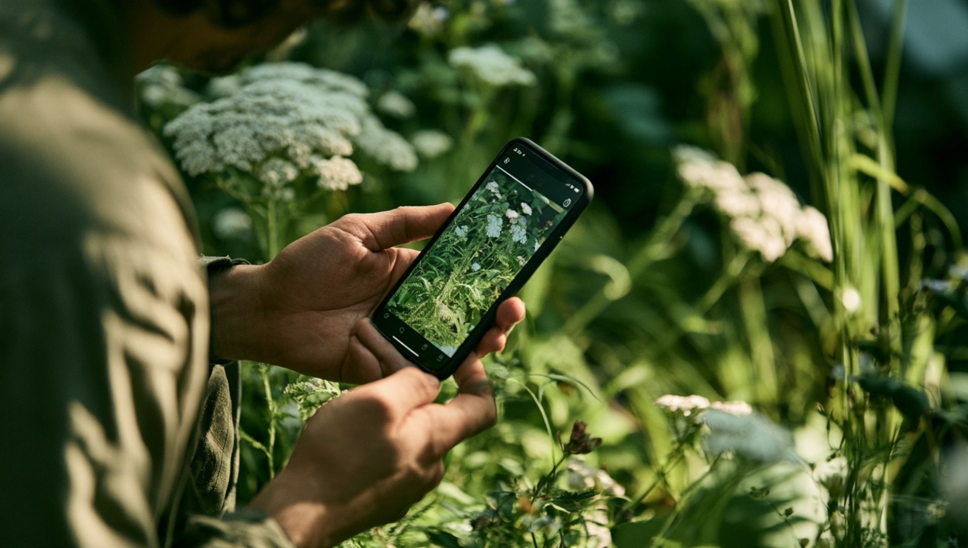 A practicing herbalist using a medicinal plant identification app on a smartphone to safely identify wild botanical herbs in a natural field setting.