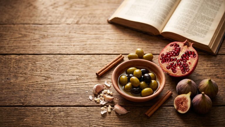 A rustic wooden table displaying biblical plants for heart health, including olives, pomegranate, figs, garlic, and cinnamon, arranged next to an open Bible.