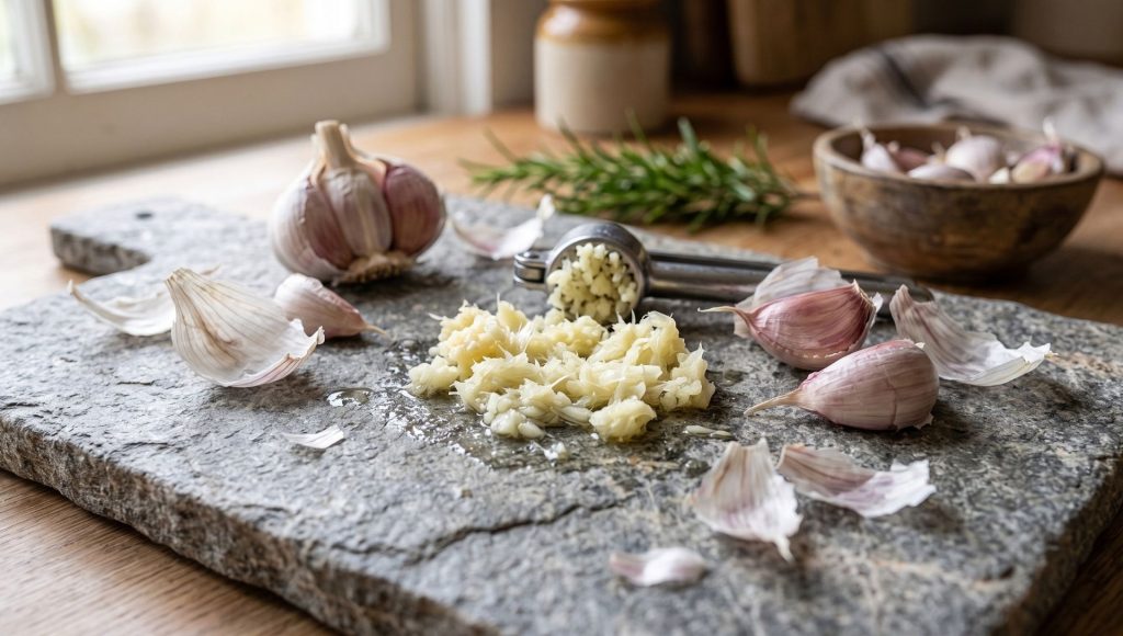Close-up of fresh, crushed garlic cloves on a stone cutting board, highlighting natural heart remedies.