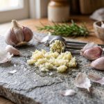 Close-up of fresh, crushed garlic cloves on a stone cutting board, highlighting natural heart remedies.