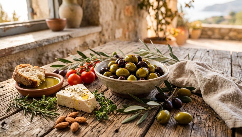 A rustic wooden table displaying a Mediterranean spread of fresh olives representing biblical plant for heart health.