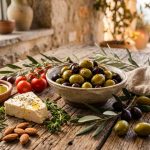 A rustic wooden table displaying a Mediterranean spread of fresh olives representing biblical plant for heart health.