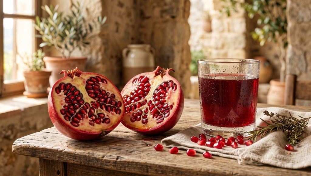 Halved pomegranate revealing ruby-red seeds beside a glass of fresh juice, showcasing heart-healthy foods from the Bible.