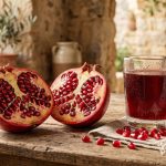 Halved pomegranate revealing ruby-red seeds beside a glass of fresh juice, showcasing heart-healthy foods from the Bible.